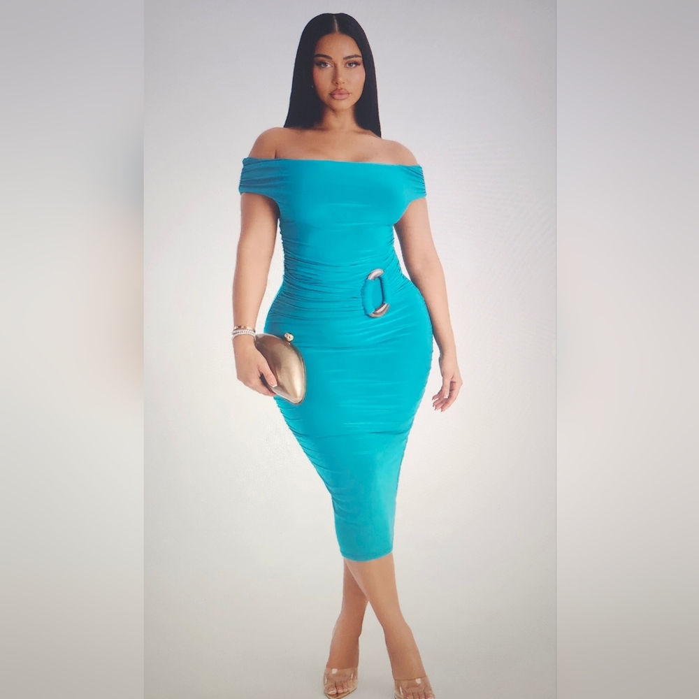 Fashion Nova Teal Off-Shoulder Midi Dress